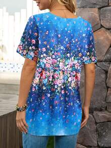 Floral Print Round Neck Blouse - Blue - View 2