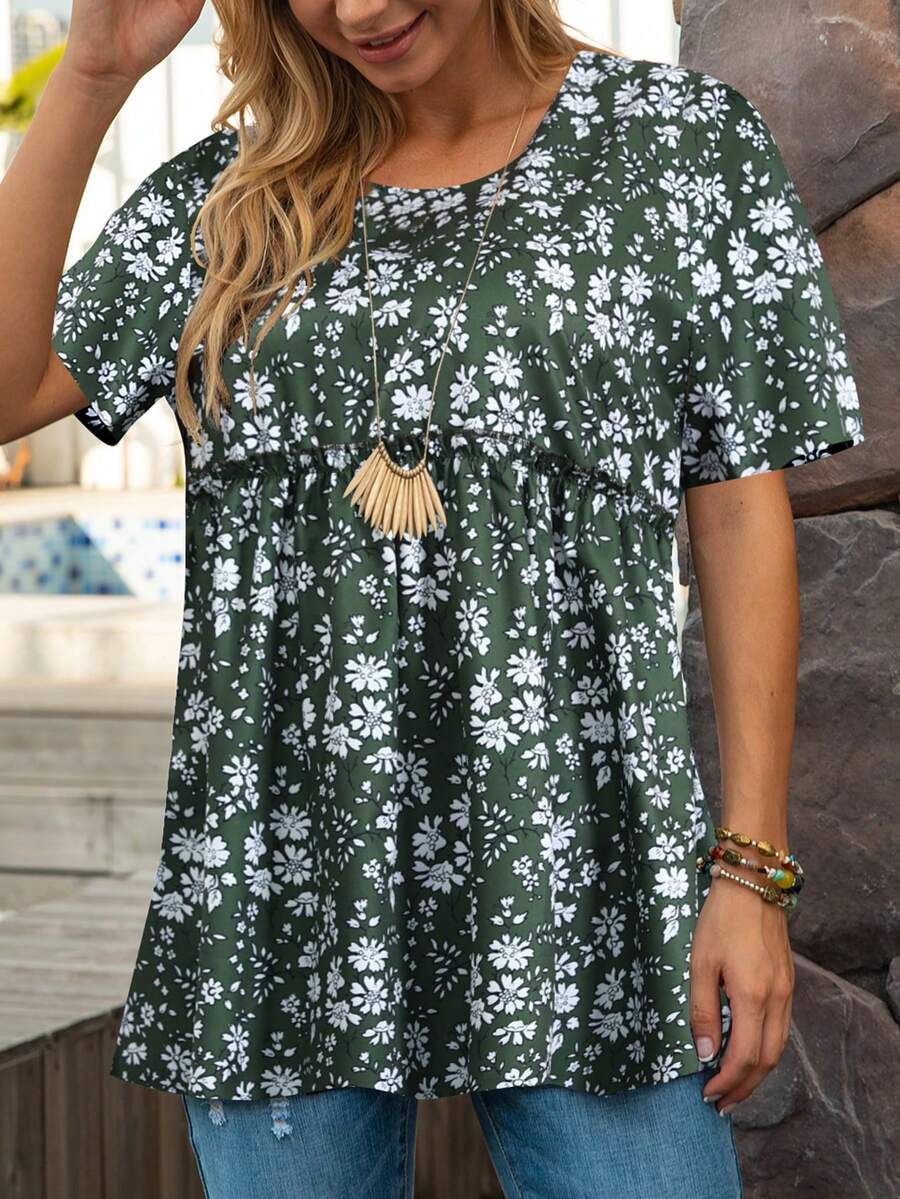 Floral Print Round Neck Peplum Blouse - Green - View 1