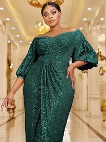 YISIKADO Plus Off Shoulder Lantern Sleeve Wrap Sequin Dress - Green - View 5