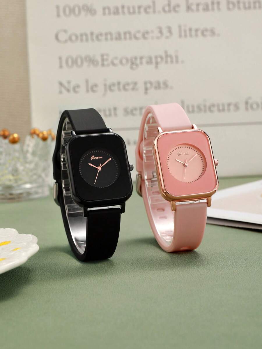 2pcs Women Pink And Black TPU Strap Square Dial Quartz Watch, For Daily Life