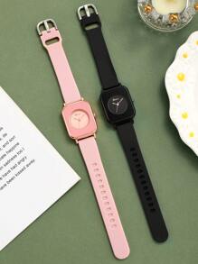 2pcs Women Pink And Black TPU Strap Square Dial Quartz Watch, For Daily Life