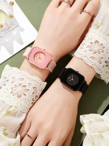 2pcs Women Pink And Black TPU Strap Square Dial Quartz Watch, For Daily Life