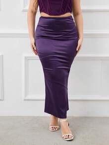 PARTHEA Váy Plus Size Xù Chia Dây kéo màu trơn Thanh lịch - Màu tím - Xem 6