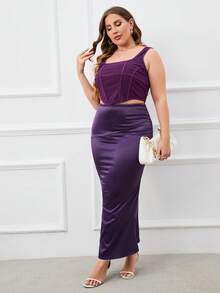 PARTHEA Váy Plus Size Xù Chia Dây kéo màu trơn Thanh lịch - Màu tím - Xem 8