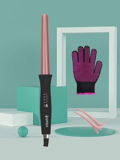 QHDJE 1pc Adjustable Temperature Rotating Cord Ceramic Hair Curling Iron 25-19mm, Comes With Clips, 1 Pair Of Gloves, Hair Styling Tool