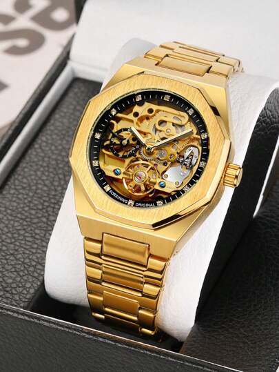 FENSIR 1pc Men's Automatic Mechanical Watch, Gold Stainless Steel Band, Casual, Luminous, Hollow, Diamond Decor, Fashion & Versatile