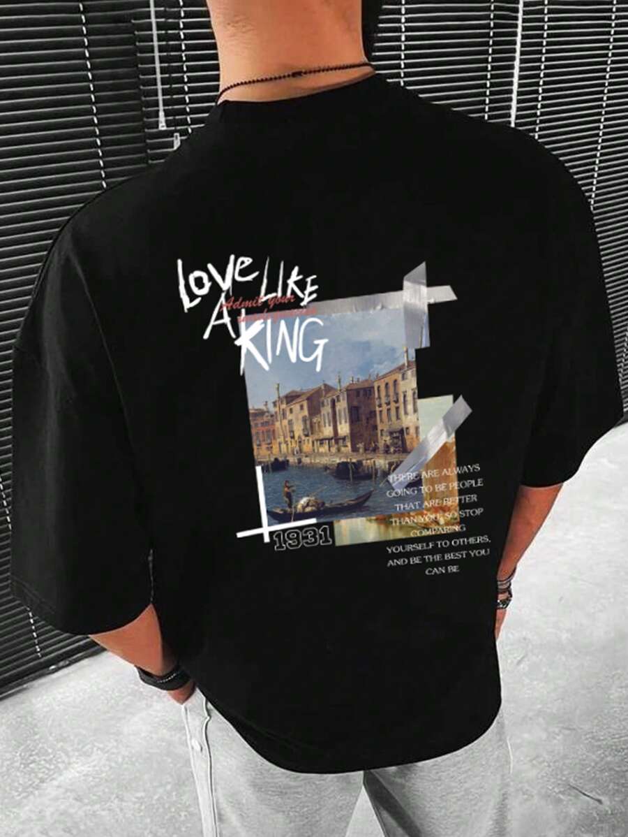 Manfinity Men Building & Slogan Graphic Tee - Black - View 1