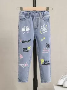 SHEIN 小女童花和標語圖案牛仔褲