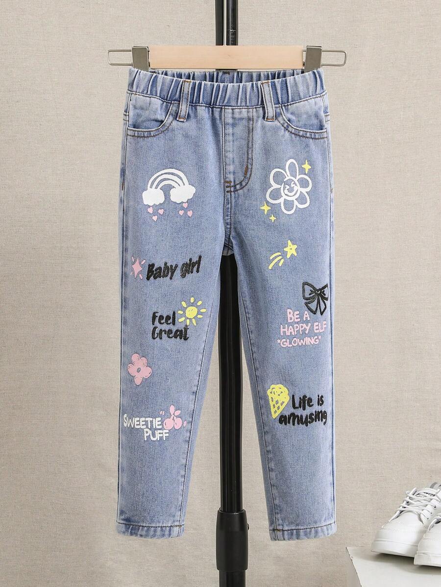 SHEIN 小女童花和標語圖案牛仔褲
