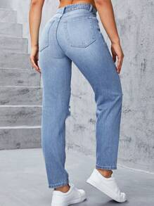 SHEIN EZwear 花卉刺繡破洞媽媽牛仔褲 - 淺色水洗藍 - 查看 2