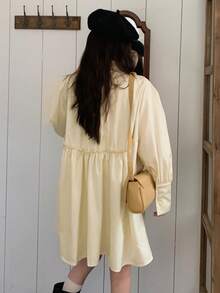 Solid Tie Neck Smock Dress - Yellow - View 2