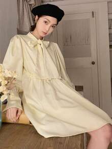 Solid Tie Neck Smock Dress - Yellow - View 4