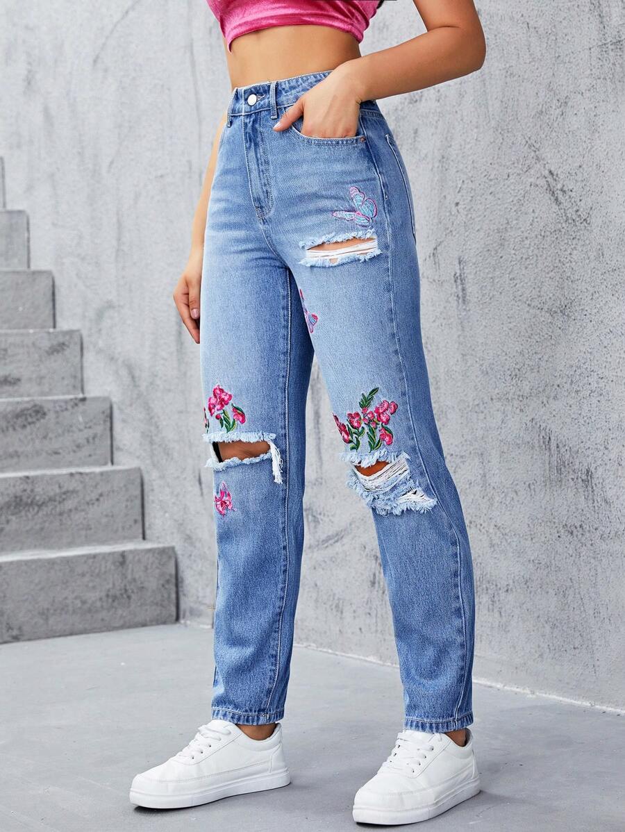 SHEIN EZwear 花卉刺繡破洞媽媽牛仔褲 - 淺色水洗藍 - 查看 1