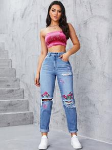 SHEIN EZwear 花卉刺繡破洞媽媽牛仔褲 - 淺色水洗藍 - 查看 5