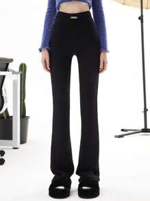 Metal Decor Flare Leg Trousers - Black - View 1