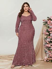 Elegant Plus-Size Evening Gown With Heart-Shaped Neckline & Long Sleeves | Curve-Hugging Mermaid Hem Dress For Formal Events | Luxurious Sparkling Embellishments, Structured Silhouette | Perfect For Galas, Black-Tie Weddings, Charity Fundraisers, Red Carpet Affairs, And High-End Dinner Parties,Party Dress,Wedding Guest