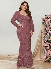 Elegant Plus-Size Evening Gown With Heart-Shaped Neckline & Long Sleeves | Curve-Hugging Mermaid Hem Dress For Formal Events | Luxurious Sparkling Embellishments, Structured Silhouette | Perfect For Galas, Black-Tie Weddings, Charity Fundraisers, Red Carpet Affairs, And High-End Dinner Parties,Party Dress,Wedding Guest