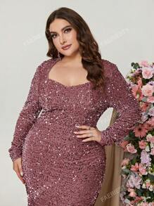 Elegant Plus-Size Evening Gown With Heart-Shaped Neckline & Long Sleeves | Curve-Hugging Mermaid Hem Dress For Formal Events | Luxurious Sparkling Embellishments, Structured Silhouette | Perfect For Galas, Black-Tie Weddings, Charity Fundraisers, Red Carpet Affairs, And High-End Dinner Parties,Party Dress,Wedding Guest