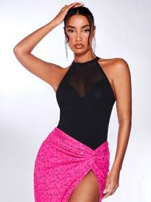 SHEIN BAE Mesh Yoke Halter Top - Black - View 2