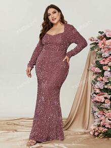 Elegant Plus-Size Evening Gown With Heart-Shaped Neckline & Long Sleeves | Curve-Hugging Mermaid Hem Dress For Formal Events | Luxurious Sparkling Embellishments, Structured Silhouette | Perfect For Galas, Black-Tie Weddings, Charity Fundraisers, Red Carpet Affairs, And High-End Dinner Parties,Party Dress,Wedding Guest
