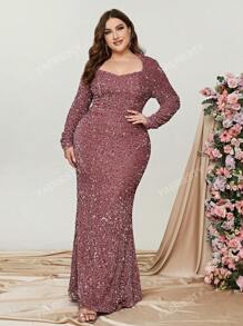 Elegant Plus-Size Evening Gown With Heart-Shaped Neckline & Long Sleeves | Curve-Hugging Mermaid Hem Dress For Formal Events | Luxurious Sparkling Embellishments, Structured Silhouette | Perfect For Galas, Black-Tie Weddings, Charity Fundraisers, Red Carpet Affairs, And High-End Dinner Parties,Party Dress,Wedding Guest