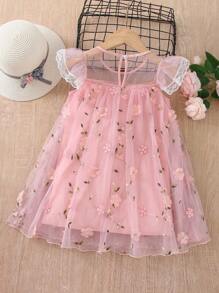 SHEIN Toddler Girls Floral Embroidery Mesh Overlay Appliques Dress - Pink - View 2