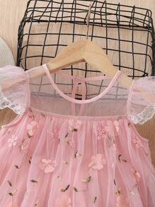 SHEIN Toddler Girls Floral Embroidery Mesh Overlay Appliques Dress - Pink - View 4