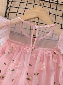 SHEIN Toddler Girls Floral Embroidery Mesh Overlay Appliques Dress - Pink - View 7