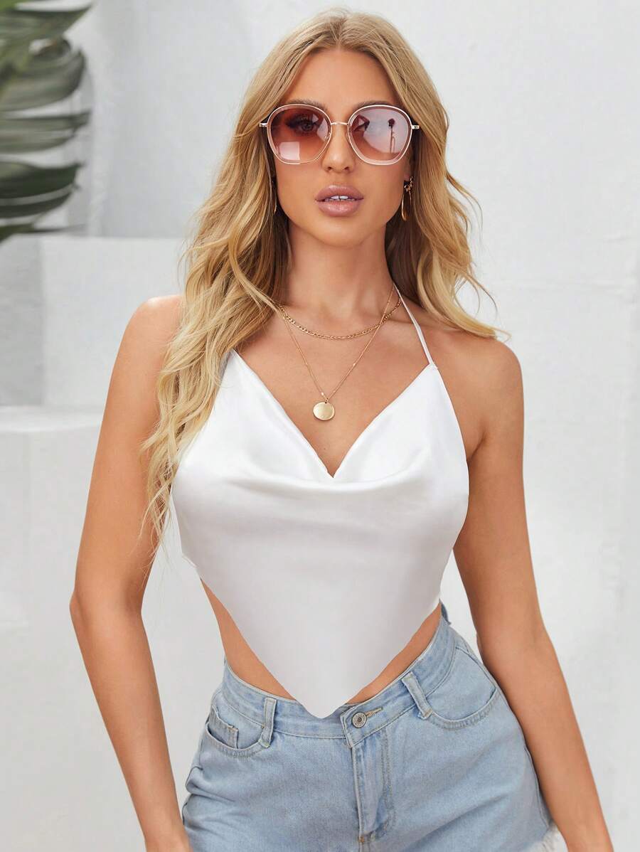 SHEIN BAE Áo hai dây Bất đối xứng màu trơn Gợi cảm - trắng - Xem 1