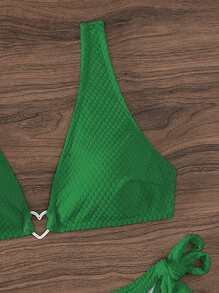 Summer Heart Ring Linked Tie Side Bikini Set - Green - View 3
