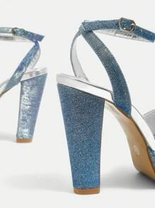 SheIn SXY 女士極簡粗跟踝帶魅力四射夏天金屬亮絲高跟涼鞋 - 藍色 - 查看 4