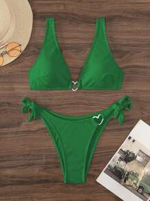 Summer Heart Ring Linked Tie Side Bikini Set - Green - View 5