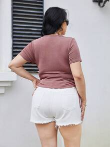 Camiseta de manga corta con cuello en V y cordón lateral, unicolor de moda, talla grande - Ver 2