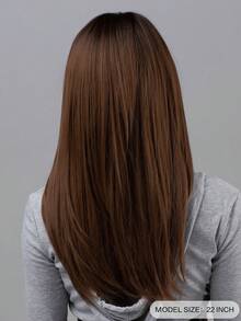 Peluca sintética largo recto con tupe - Marrón - Ver 4