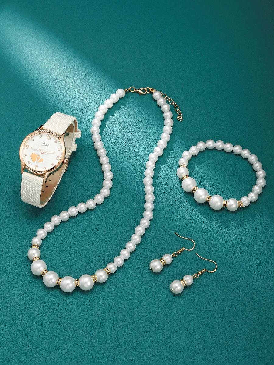 1 Trái Tim Chi Tiết Mặt Tròn Đồng Hồ Thạch Anh & 4 Bộ Trang Sức Đính Hạt Ngọc Trai Giả - trắng - Xem 1