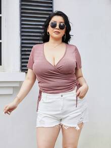 Camiseta de manga corta con cuello en V y cordón lateral, unicolor de moda, talla grande - Ver 4