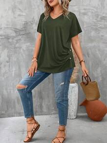 SHEIN LUNE Plus Size Women's V Neck Short Sleeve Pleated T-Shirt Solid Button Detail Tee Button Detail Ruched Tee Tops