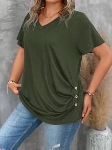 SHEIN LUNE Plus Size Women's V Neck Short Sleeve Pleated T-Shirt Solid Button Detail Tee Button Detail Ruched Tee Tops
