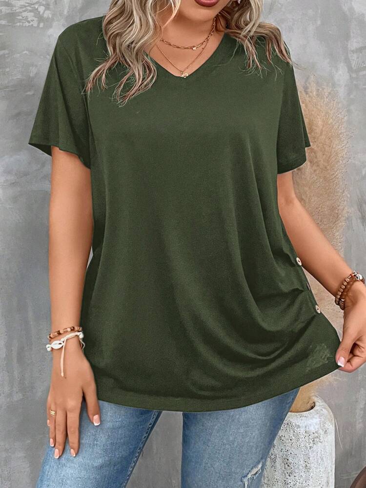 Plus Size Women's V Neck Short Sleeve Pleated T-Shirt Solid Button Detail Tee Button Detail Ruched Tee Tops