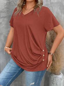 SHEIN LUNE 大碼紐扣細節側收褶T恤 - 棕色 - 查看 6