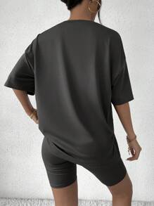 SHEIN Unity 字母圖案落肩T恤和騎行褲 - 深灰色 - 查看 2