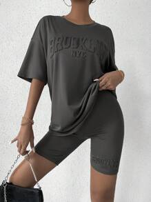 SHEIN Unity 字母圖案落肩T恤和騎行褲 - 深灰色 - 查看 4