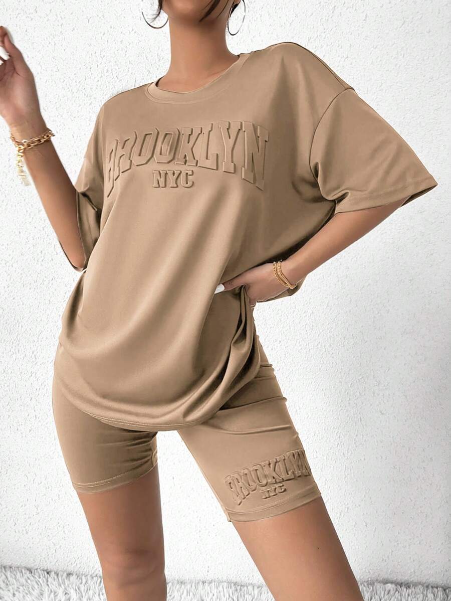 Flirla Letter Pattern Drop Shoulder Tee & Cycling Shorts - Khaki - View 1