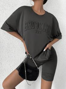 SHEIN Unity 字母圖案落肩T恤和騎行褲 - 深灰色 - 查看 5