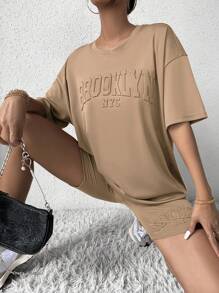 Flirla Letter Pattern Drop Shoulder Tee & Cycling Shorts - Khaki - View 3