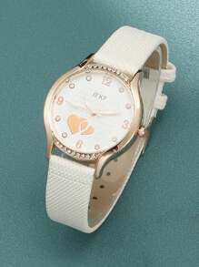 1 Trái Tim Chi Tiết Mặt Tròn Đồng Hồ Thạch Anh & 4 Bộ Trang Sức Đính Hạt Ngọc Trai Giả - trắng - Xem 2