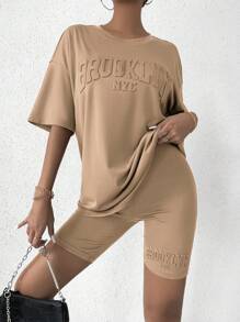 Flirla Letter Pattern Drop Shoulder Tee & Cycling Shorts - Khaki - View 5