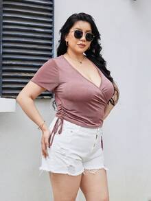 Camiseta de manga corta con cuello en V y cordón lateral, unicolor de moda, talla grande - Ver 5
