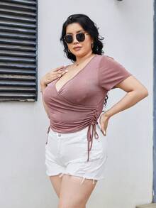 Camiseta de manga corta con cuello en V y cordón lateral, unicolor de moda, talla grande - Ver 6