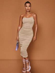 SHEIN BAE 素色單肩褶邊緊身連衣裙 - 杏色 - 查看 3